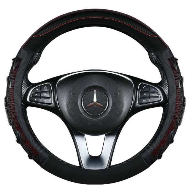 JX-023 Housse de volant automobile nid‑d’abeille fibre de carbone noir‑rouge, protection de volant 3D respirante antidérapante, adaptabilité universelle