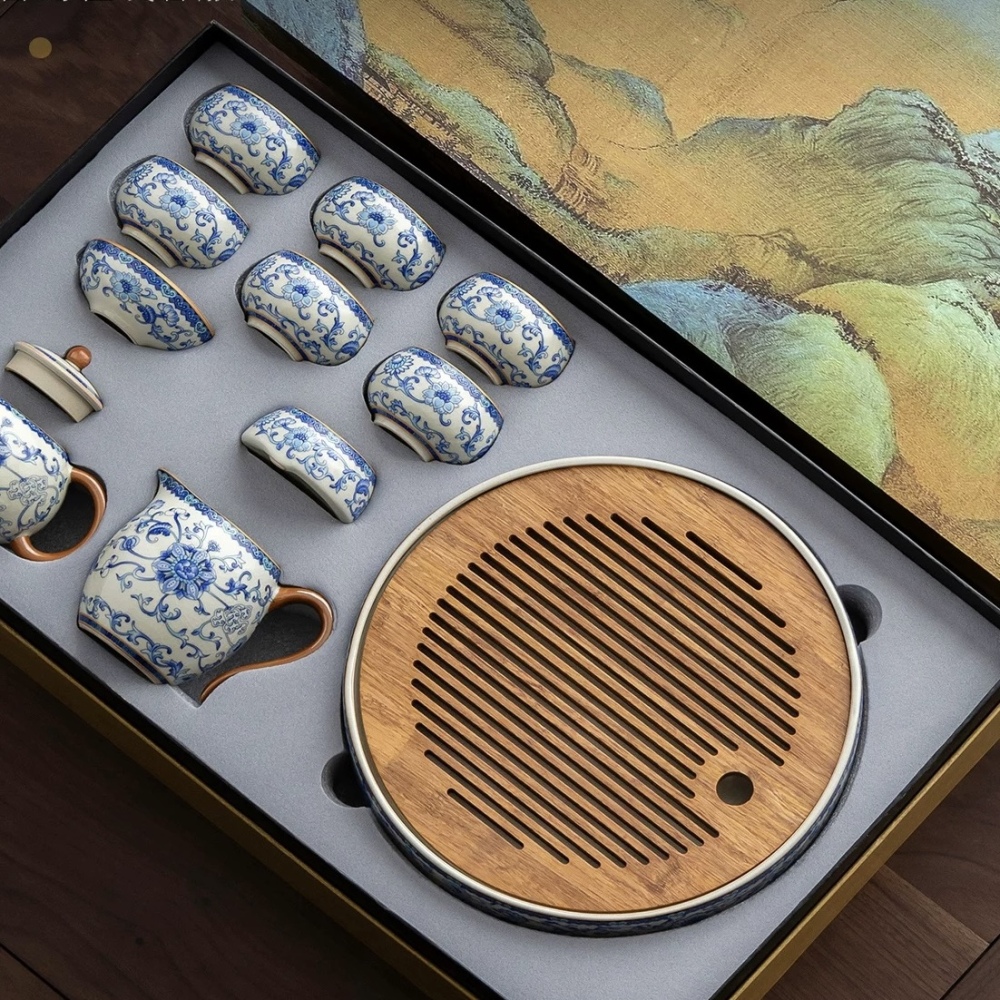Light Luxury Ru Kiln Blue and White Kung Fu Tea Set - Premium Teapot and Teacup Collection