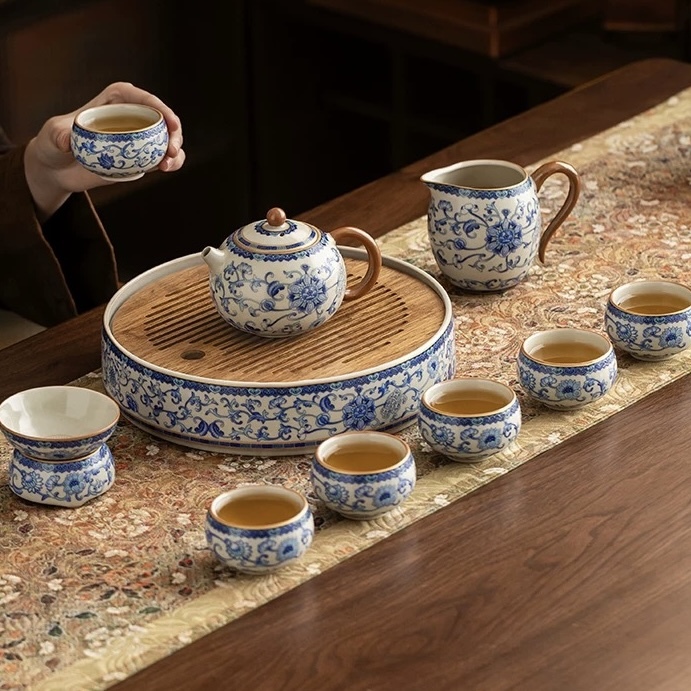 Light Luxury Ru Kiln Blue and White Kung Fu Tea Set - Premium Teapot and Teacup Collection