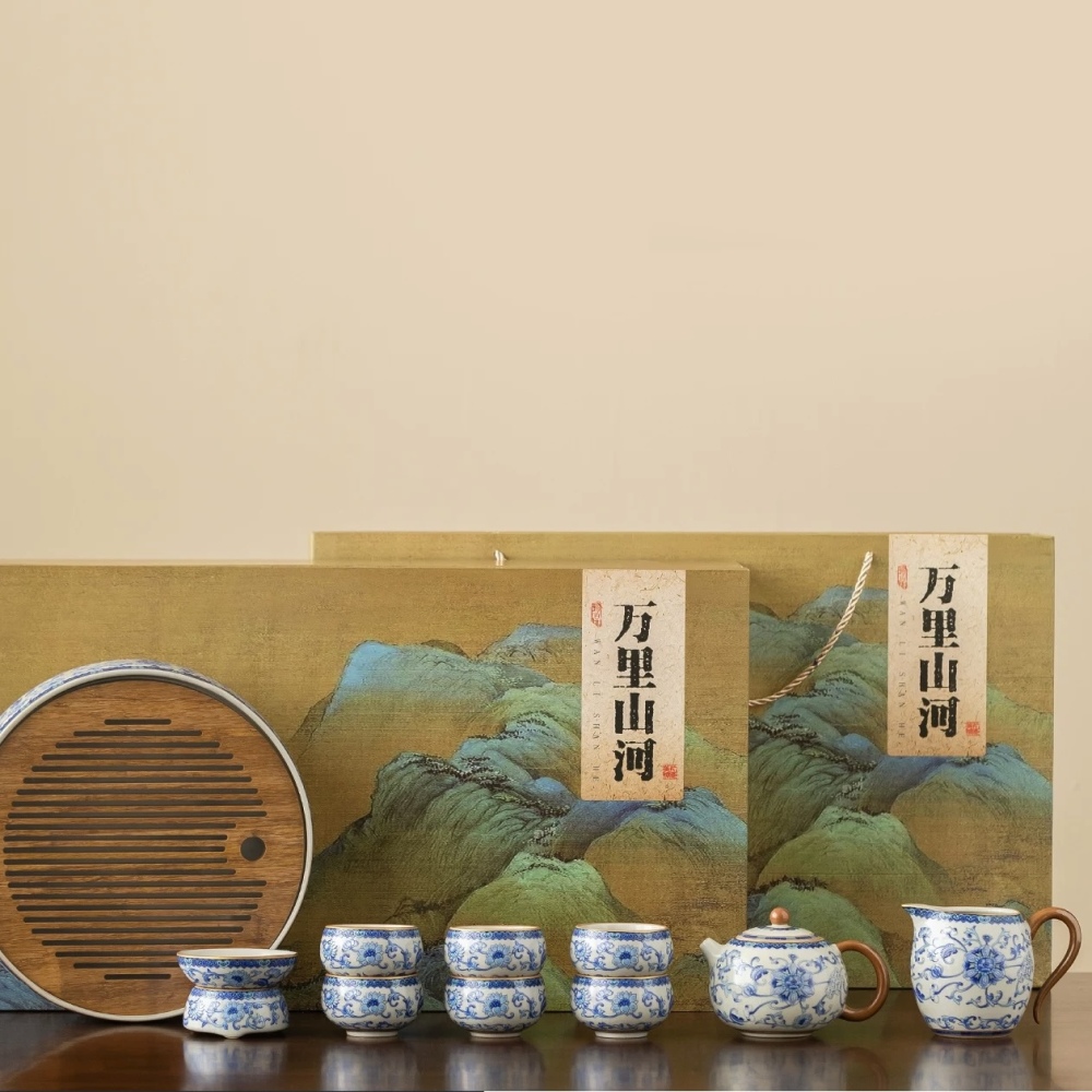 Light Luxury Ru Kiln Blue and White Kung Fu Tea Set - Premium Teapot and Teacup Collection
