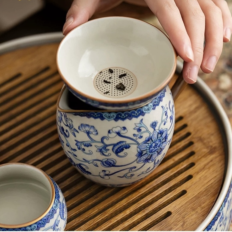 Light Luxury Ru Kiln Blue and White Kung Fu Tea Set - Premium Teapot and Teacup Collection