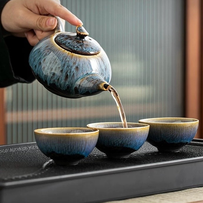 High-End Jingdezhen Kung Fu Tea Set - Kiln-Transformed Blue Wave Glaze