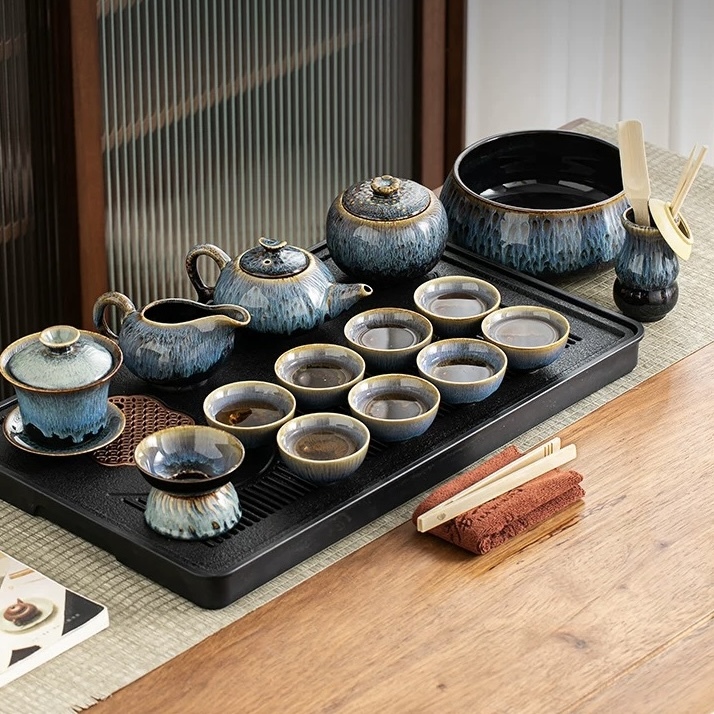 High-End Jingdezhen Kung Fu Tea Set - Kiln-Transformed Blue Wave Glaze