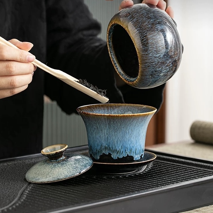 High-End Jingdezhen Kung Fu Tea Set - Kiln-Transformed Blue Wave Glaze