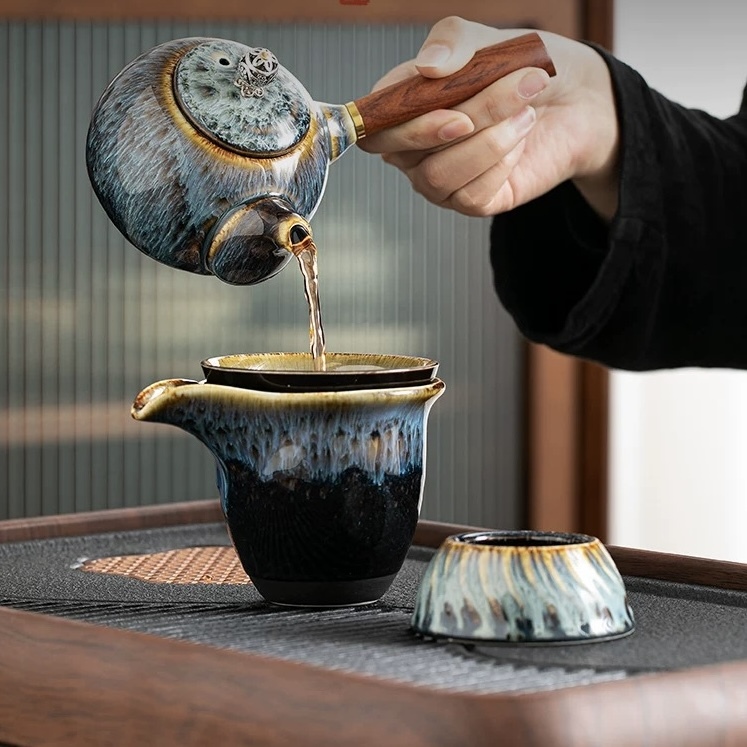 High-End Jingdezhen Kung Fu Tea Set - Kiln-Transformed Blue Wave Glaze