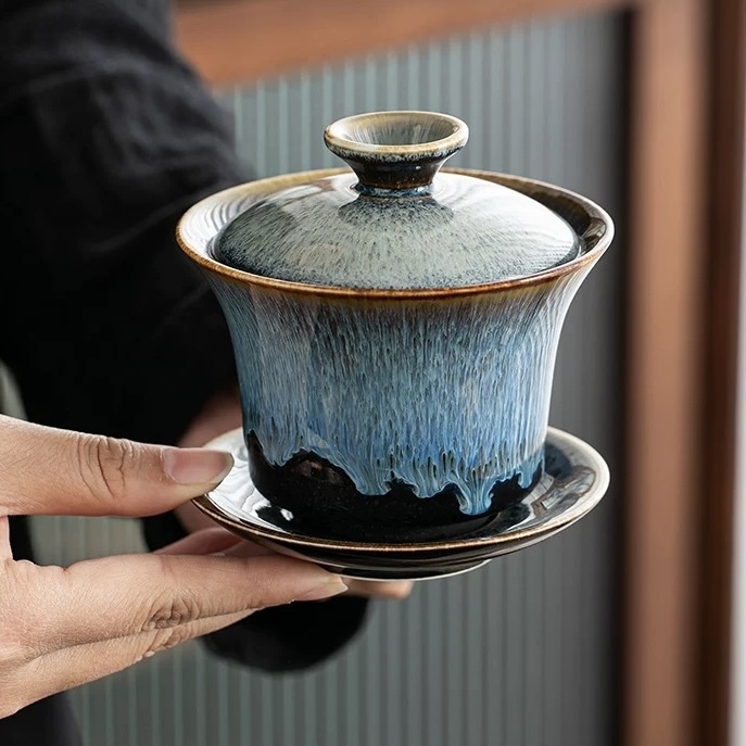 High-End Jingdezhen Kung Fu Tea Set - Kiln-Transformed Blue Wave Glaze