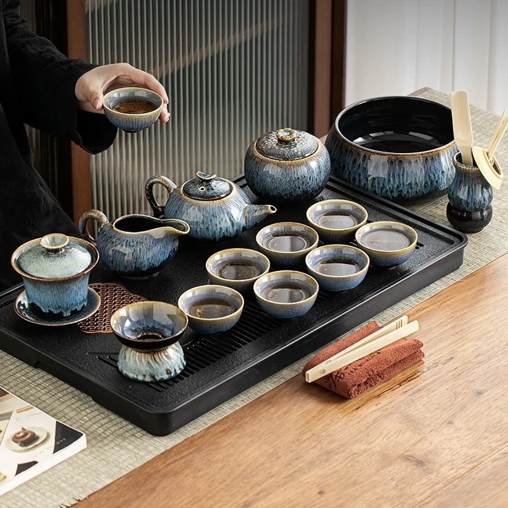 High-End Jingdezhen Kung Fu Tea Set - Kiln-Transformed Blue Wave Glaze