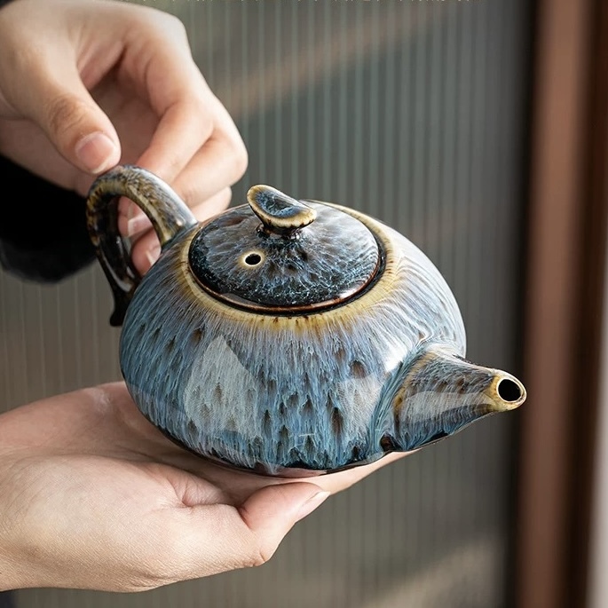 High-End Jingdezhen Kung Fu Tea Set - Kiln-Transformed Blue Wave Glaze