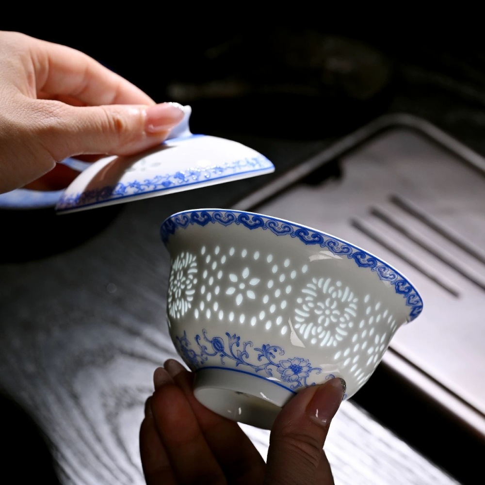 Jingdezhen Linglong Porcelain Three-Piece Gaiwan Set - Premium Kung Fu Tea Essentials
