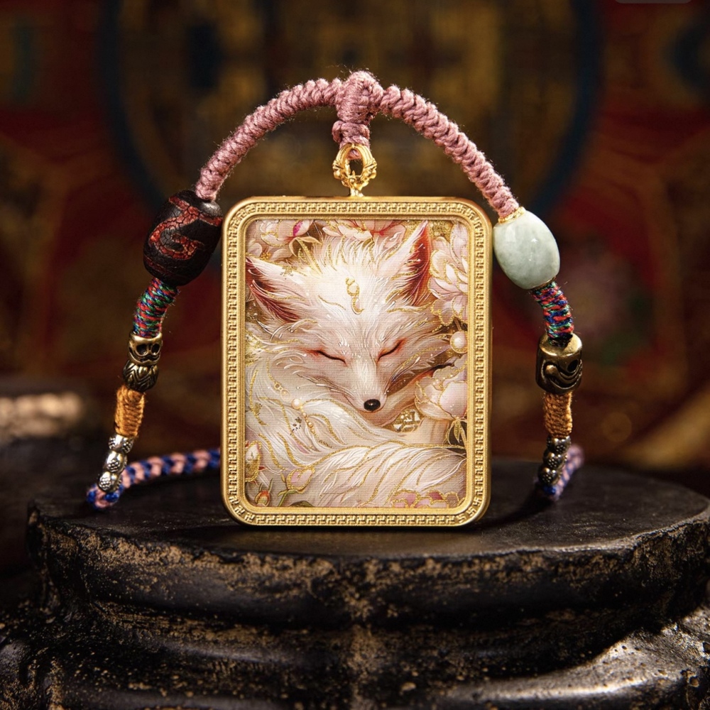 Tibetan Style Nine-Tailed Fox Thangka Pendant - Titanium Steel