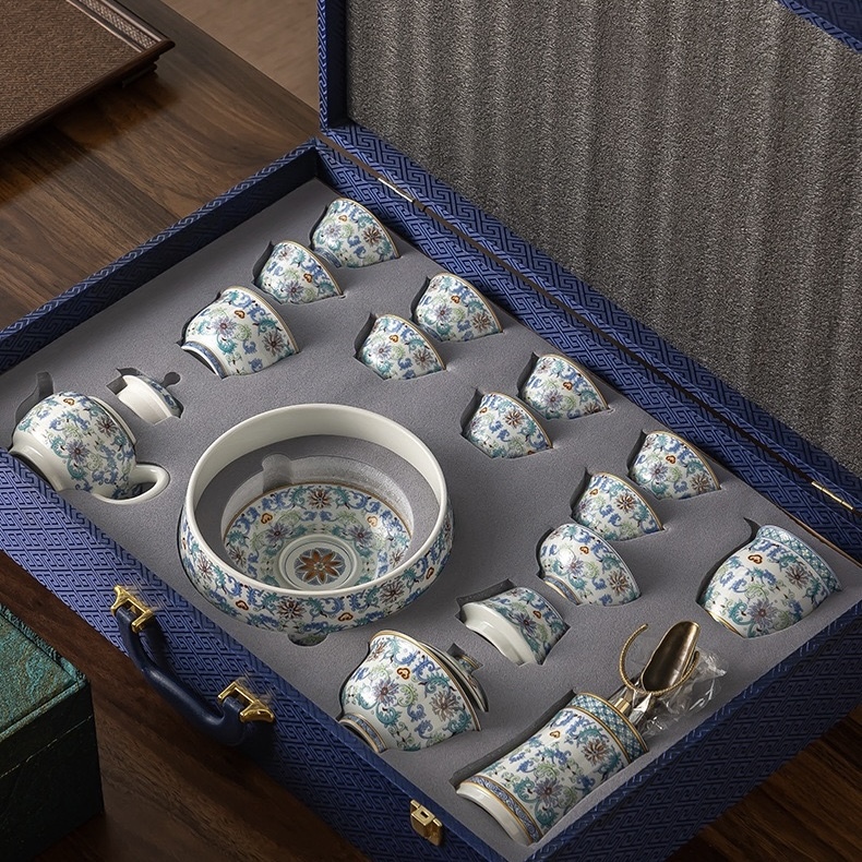 Enamel Painted Baoxiang Flower 15-Piece Tea Set Gift Box - Luxury Kung Fu Tea Collection