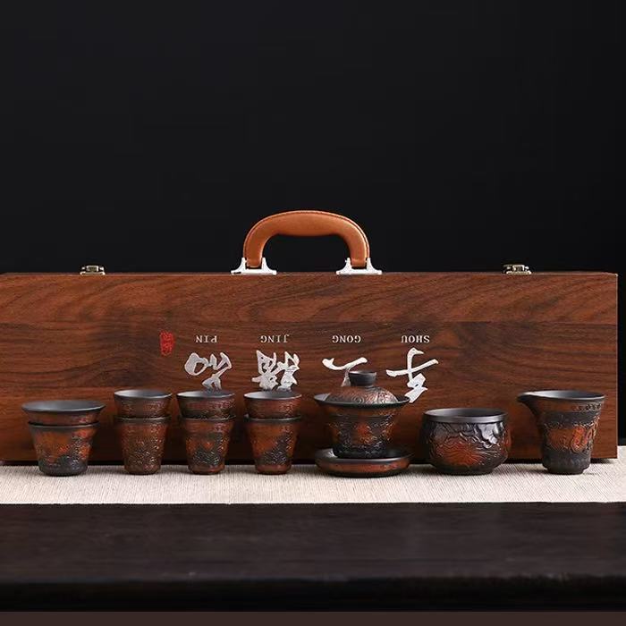 Mastercrafted Embossed Purple Clay Tea Set - Collectible Kung Fu Tea Masterpiece