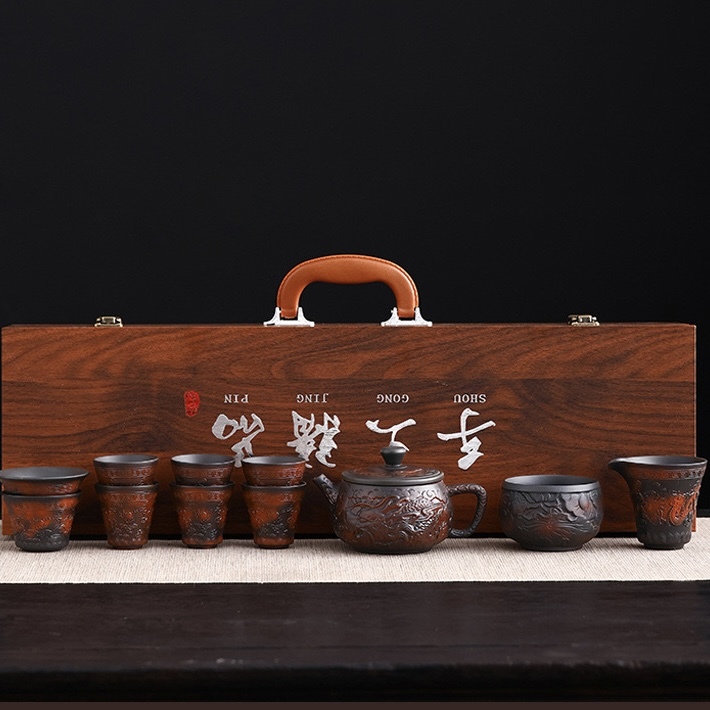 Mastercrafted Embossed Purple Clay Tea Set - Collectible Kung Fu Tea Masterpiece