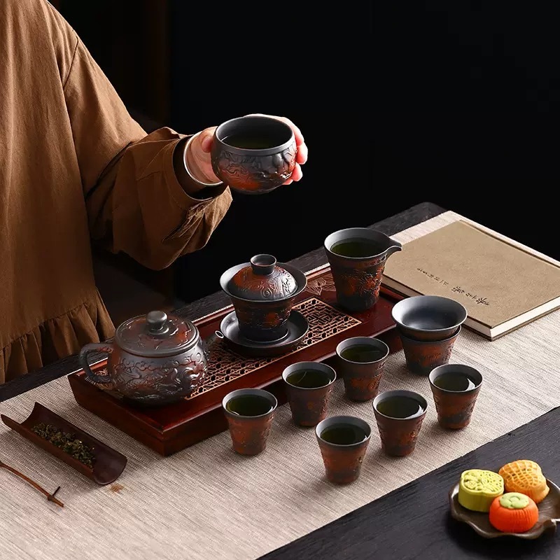 Mastercrafted Embossed Purple Clay Tea Set - Collectible Kung Fu Tea Masterpiece