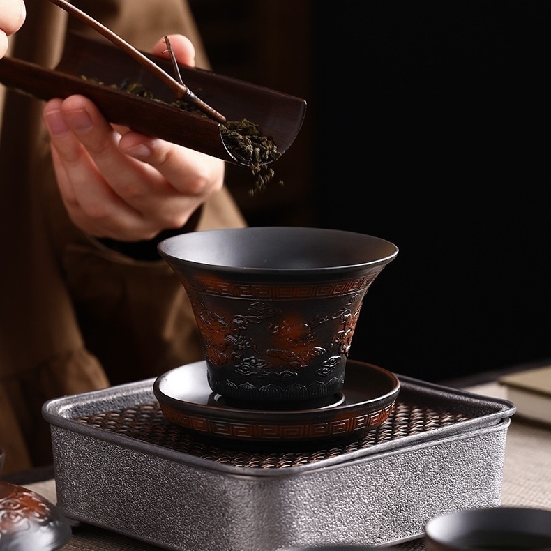 Mastercrafted Embossed Purple Clay Tea Set - Collectible Kung Fu Tea Masterpiece