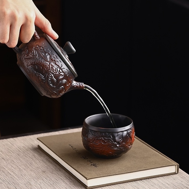 Mastercrafted Embossed Purple Clay Tea Set - Collectible Kung Fu Tea Masterpiece