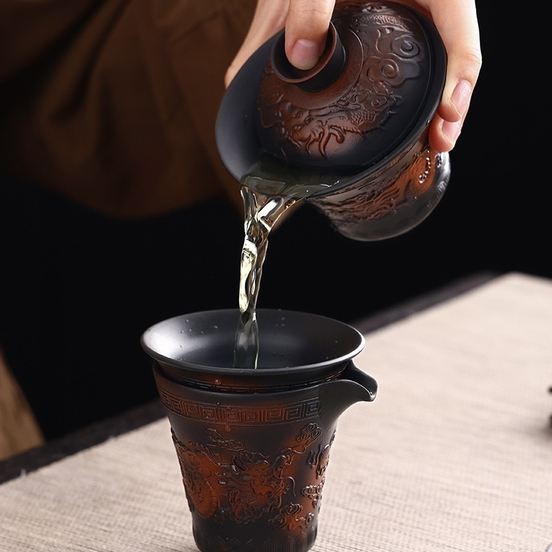Mastercrafted Embossed Purple Clay Tea Set - Collectible Kung Fu Tea Masterpiece