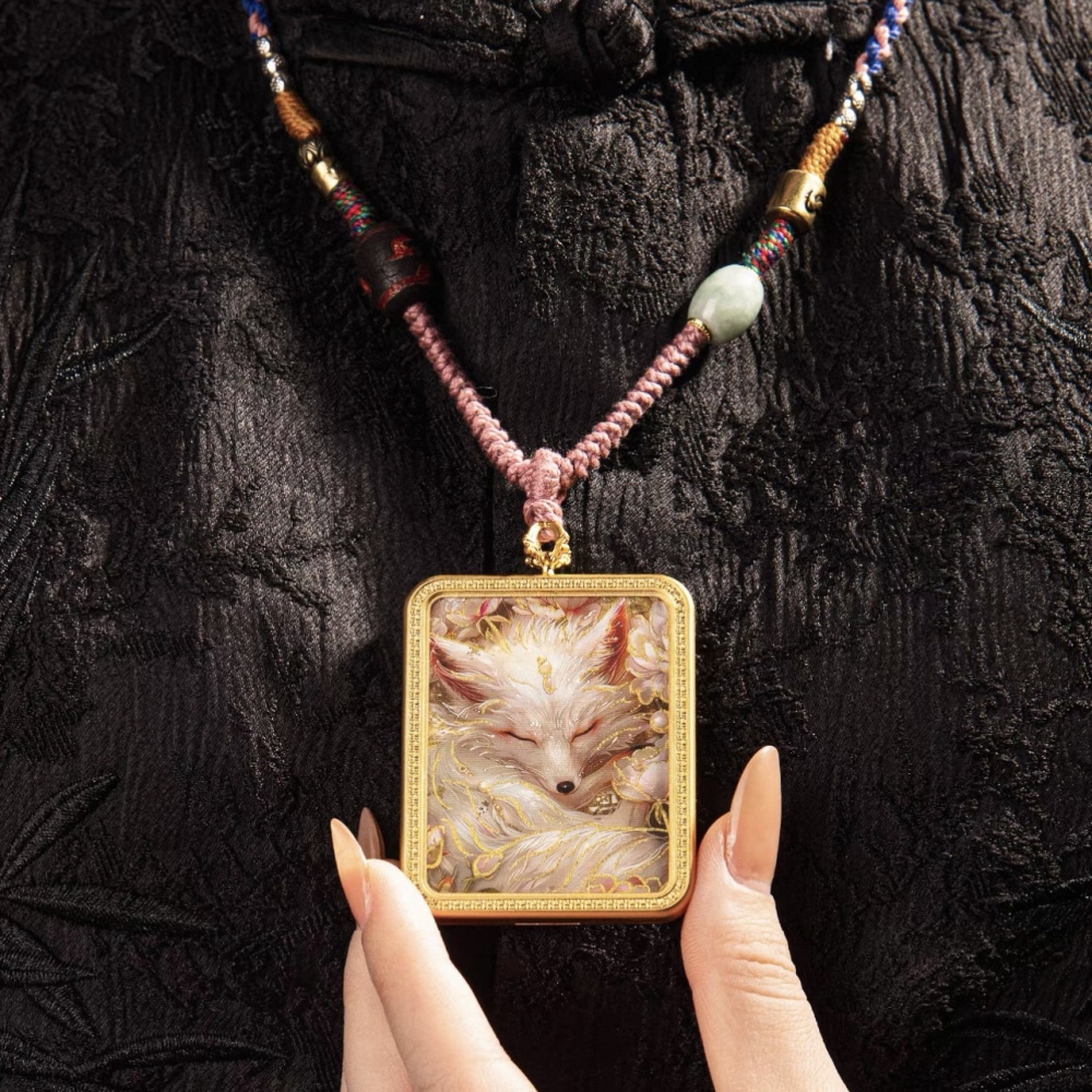 Tibetan Style Nine-Tailed Fox Thangka Pendant - Titanium Steel