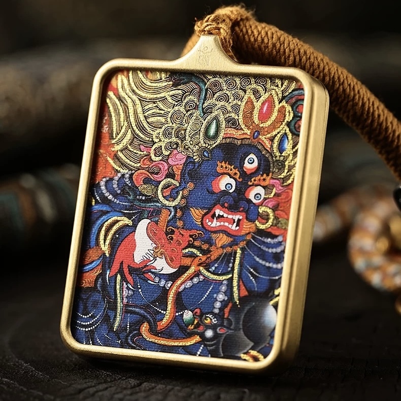 Authentic Hand-Painted Tibetan Black Jambhala Thangka Pendant - Wealth & Fortune Amulet Necklace