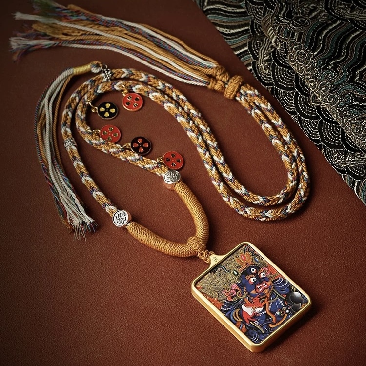 Authentic Hand-Painted Tibetan Black Jambhala Thangka Pendant - Wealth & Fortune Amulet Necklace