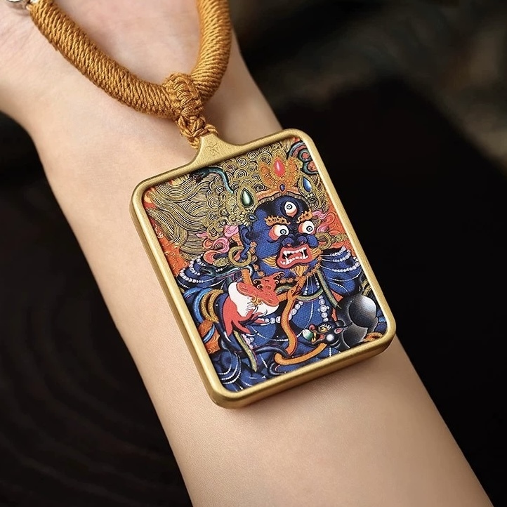 Authentic Hand-Painted Tibetan Black Jambhala Thangka Pendant - Wealth & Fortune Amulet Necklace