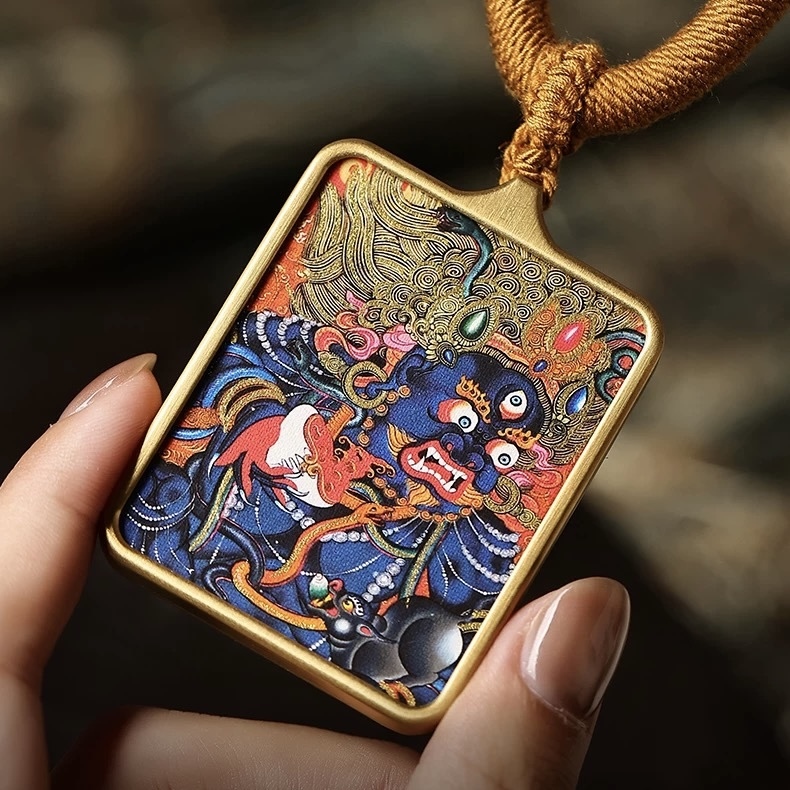 Authentic Hand-Painted Tibetan Black Jambhala Thangka Pendant - Wealth & Fortune Amulet Necklace
