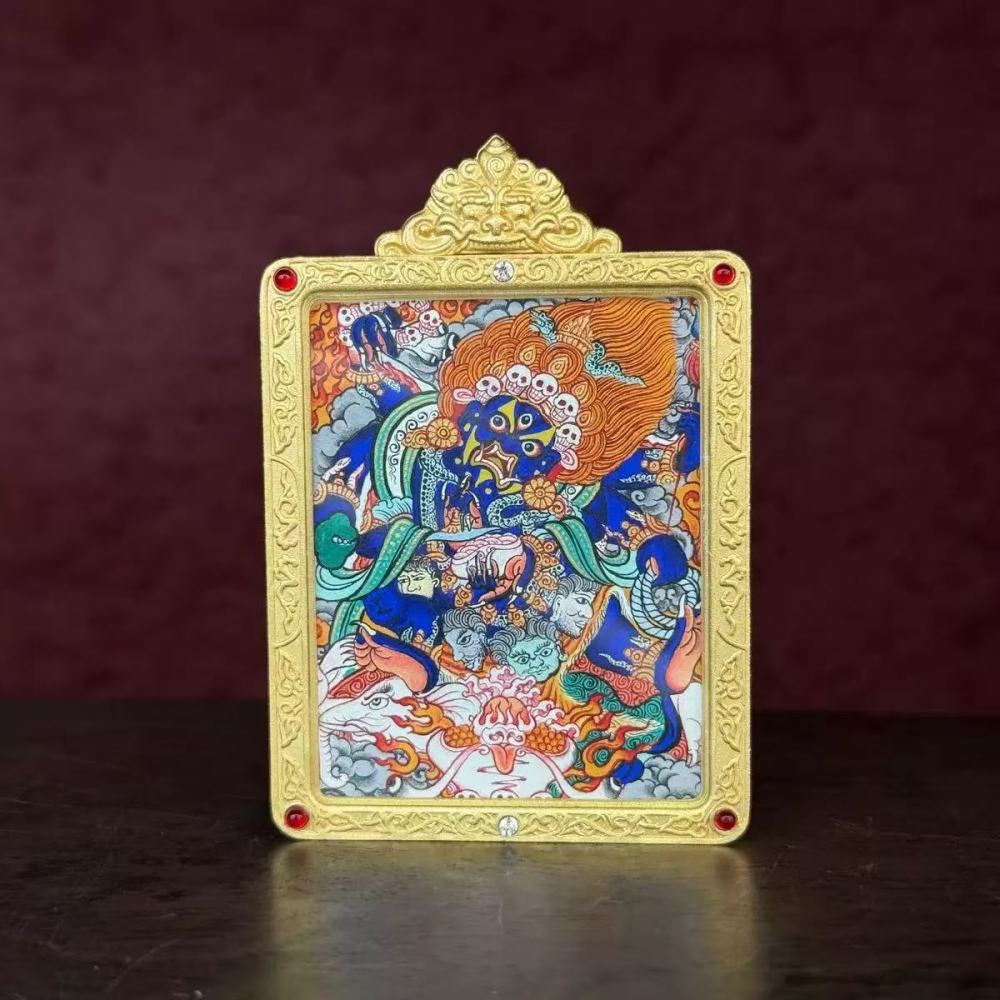 Authentic Hand-Painted Tibetan Black Jambhala Thangka Pendant - Wealth & Fortune Amulet Necklace