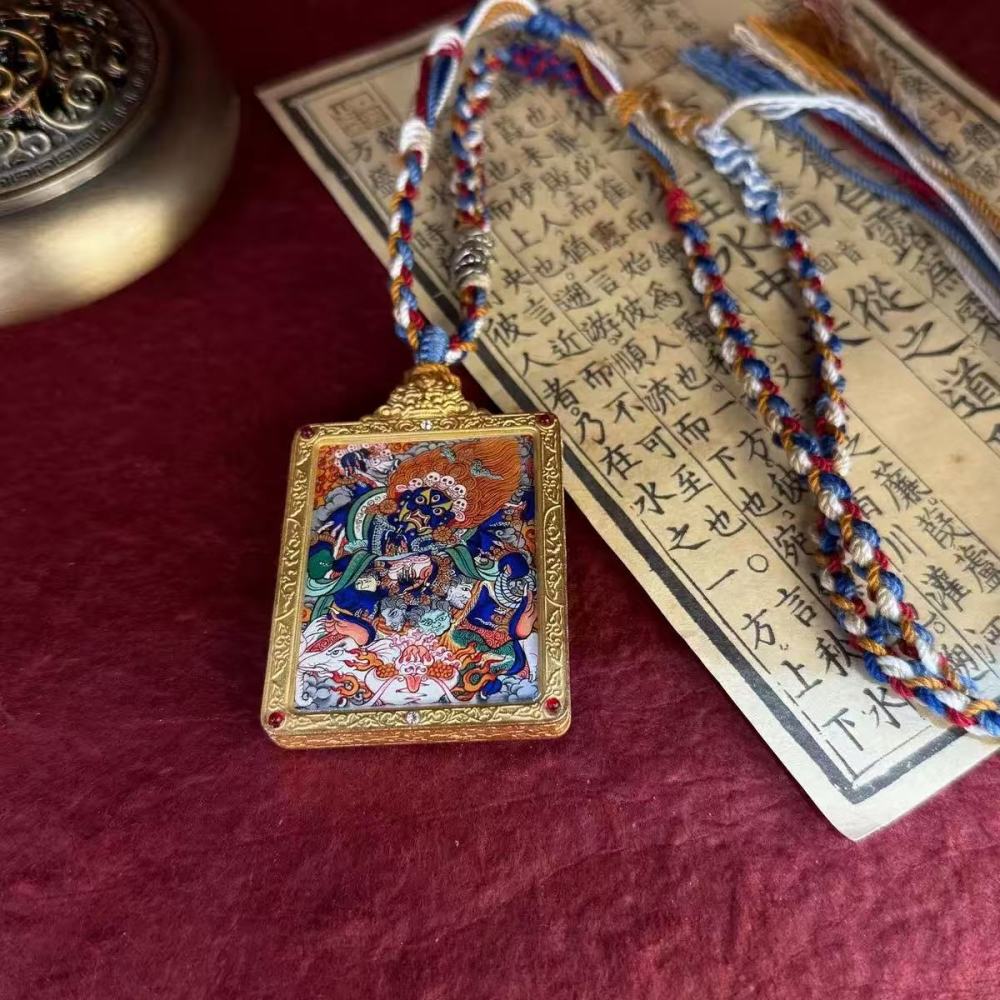 Authentic Hand-Painted Tibetan Black Jambhala Thangka Pendant - Wealth & Fortune Amulet Necklace