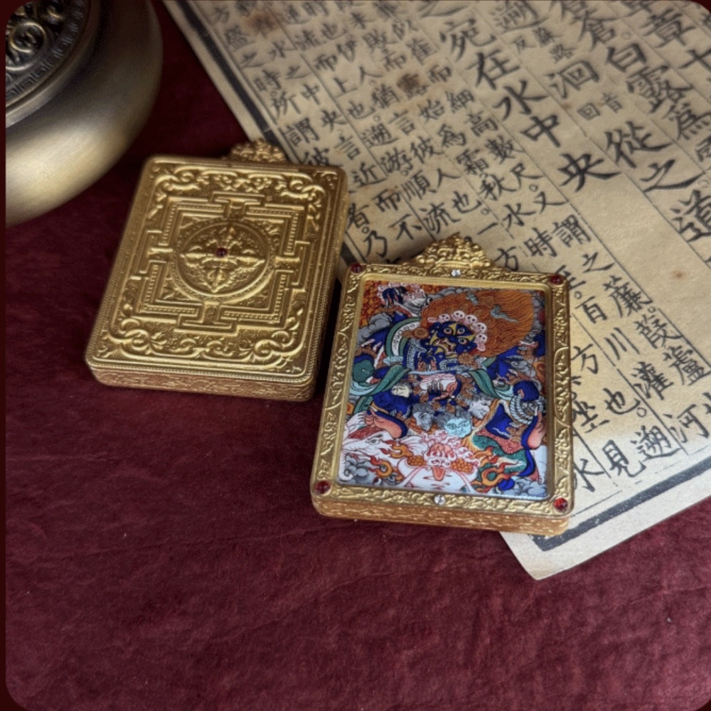 Authentic Hand-Painted Tibetan Black Jambhala Thangka Pendant - Wealth & Fortune Amulet Necklace