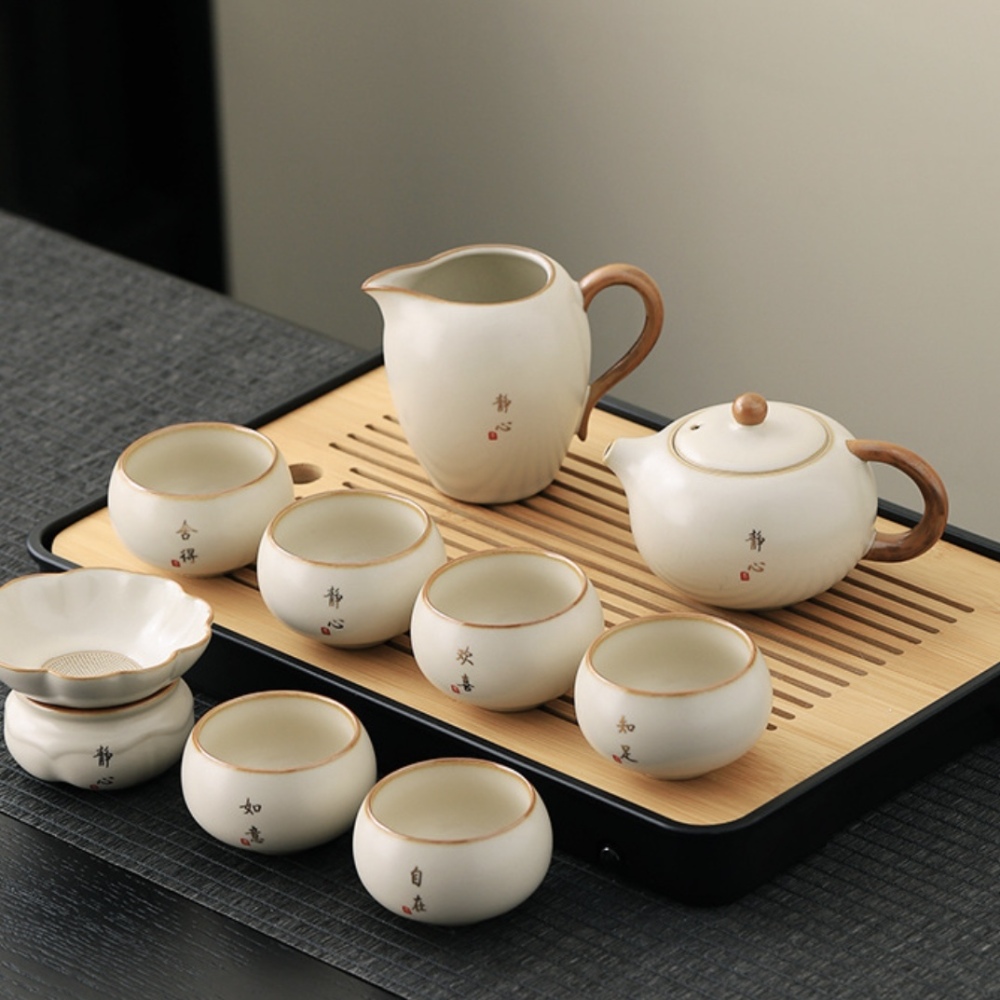 High-End Beige Ru Kiln Tea Set - Dehua Porcelain Collection