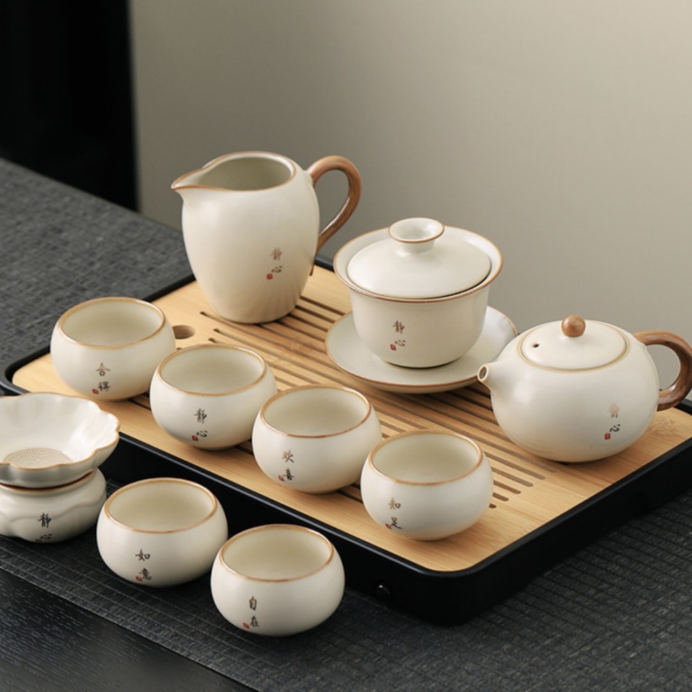 High-End Beige Ru Kiln Tea Set - Dehua Porcelain Collection
