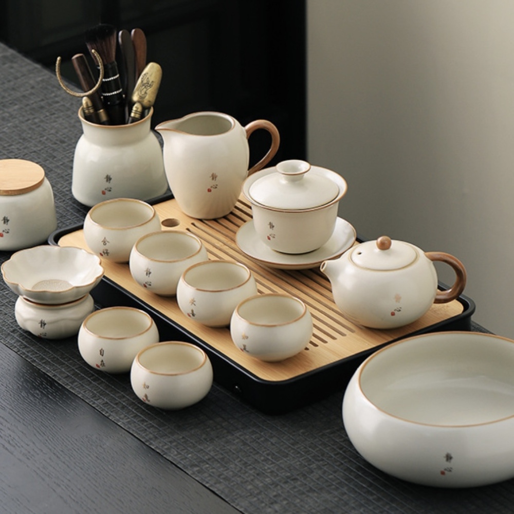 High-End Beige Ru Kiln Tea Set - Dehua Porcelain Collection