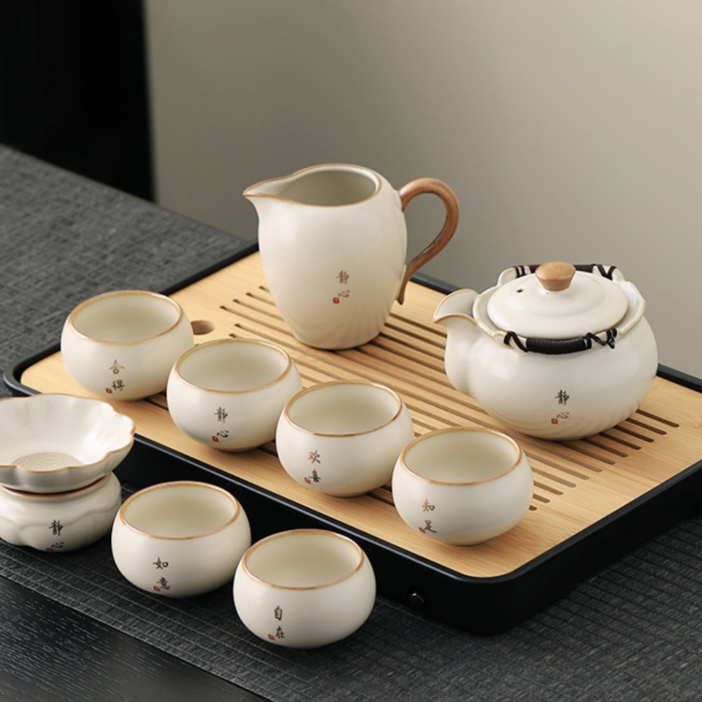 High-End Beige Ru Kiln Tea Set - Dehua Porcelain Collection