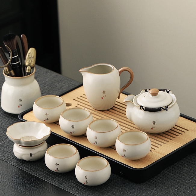 High-End Beige Ru Kiln Tea Set - Dehua Porcelain Collection