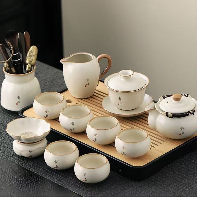 High-End Beige Ru Kiln Tea Set - Dehua Porcelain Collection