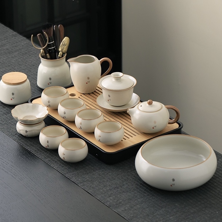 High-End Beige Ru Kiln Tea Set - Dehua Porcelain Collection