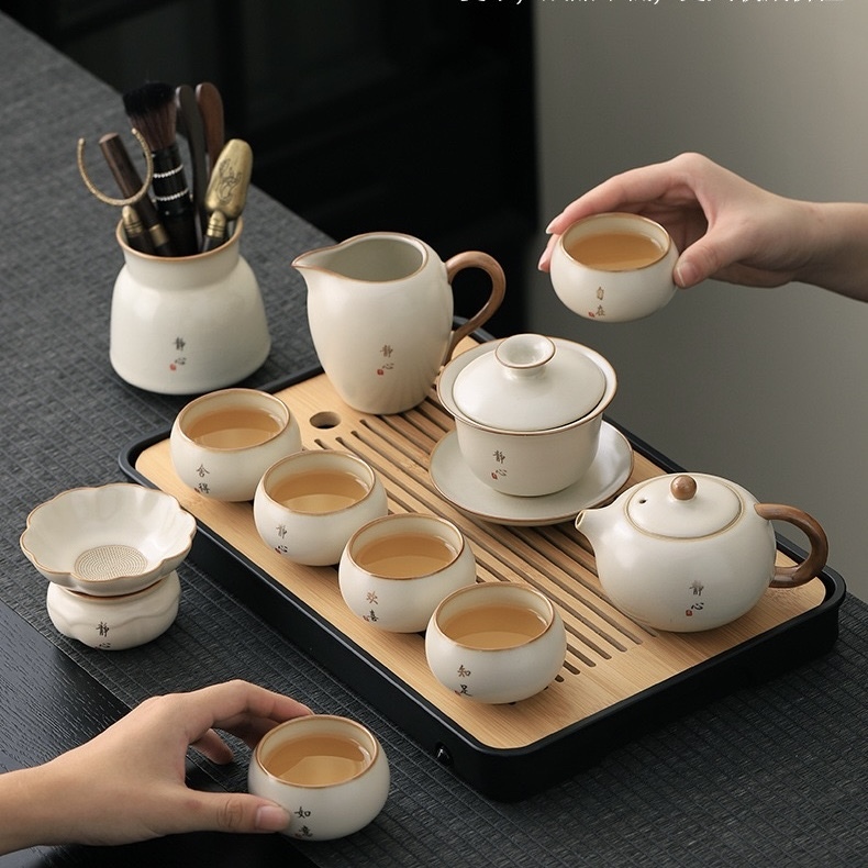High-End Beige Ru Kiln Tea Set - Dehua Porcelain Collection