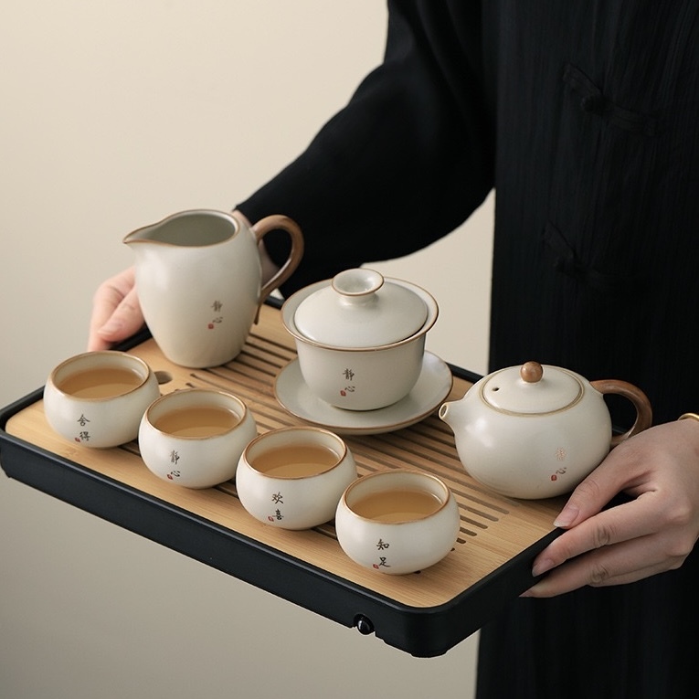 High-End Beige Ru Kiln Tea Set - Dehua Porcelain Collection