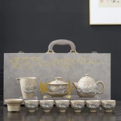 11-Piece Exquisite Han Pottery Snow Scene Tea Set - Gaiwan Included Tea Collection