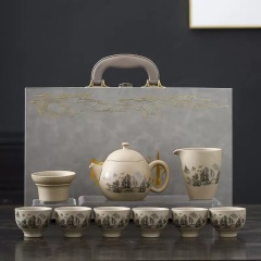 10-Piece High-End Han Pottery Landscape Tea Set - Traditional Chinese Painting Inspired