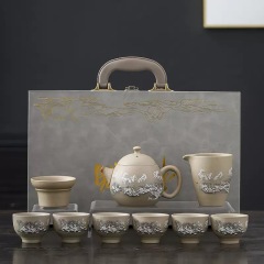 10-Piece Elegant Han Pottery Snow Scene Tea Set - Serene Winter-Themed Teaware