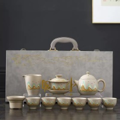 11-Piece Deluxe Han Pottery Distant Mountain Tea Set - Complete Gaiwan & Teapot Combo