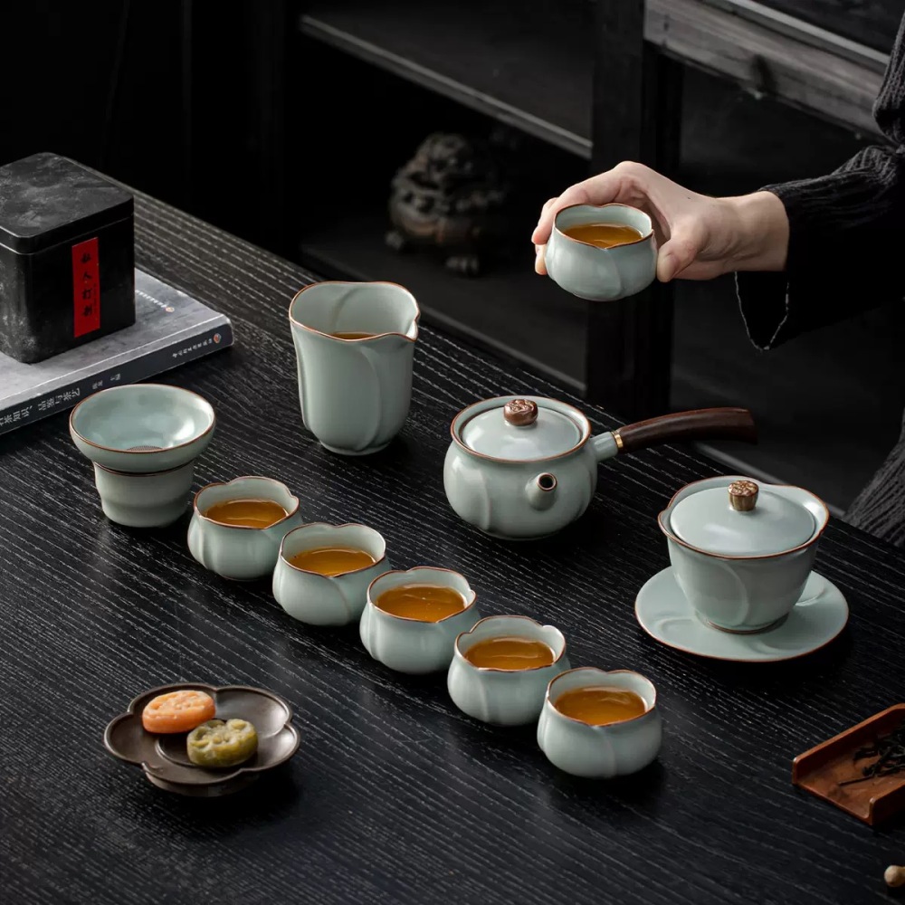 Premium Dehua Ru Kiln Side-Handle Teapot Set - Traditional Ceramic Kung Fu Teaware