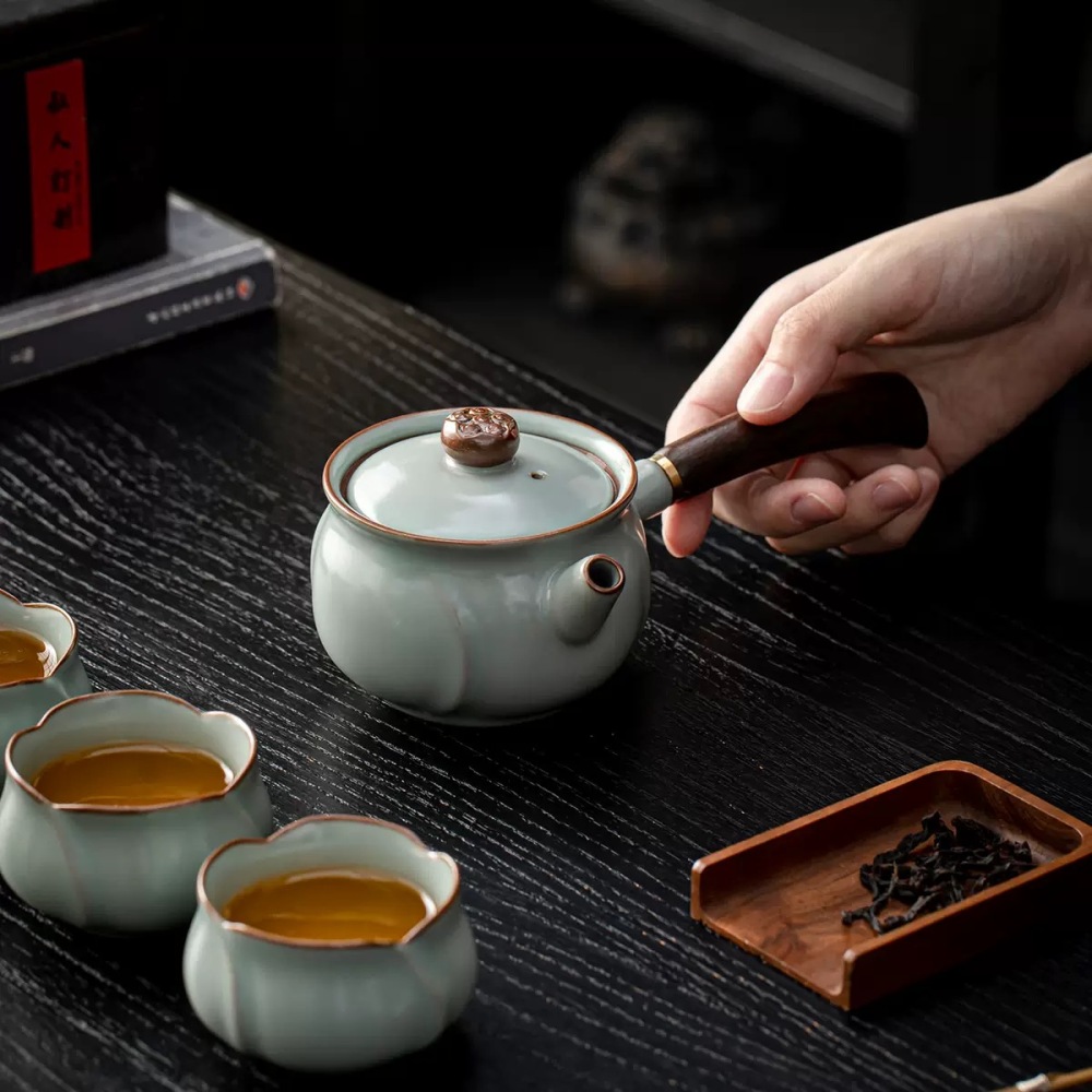 Premium Dehua Ru Kiln Side-Handle Teapot Set - Traditional Ceramic Kung Fu Teaware