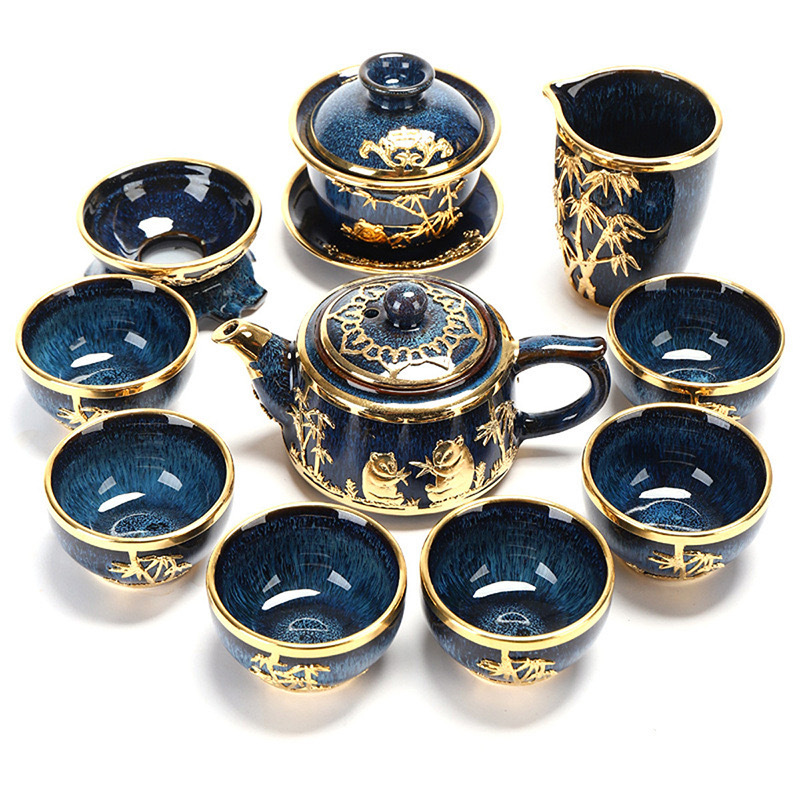Lanfei Gold-Inlaid Jade Porcelain Tea Set - Collectible Oriental Art Teaware