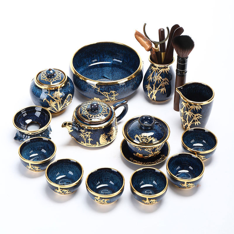 Lanfei Gold-Inlaid Jade Porcelain Tea Set - Collectible Oriental Art Teaware