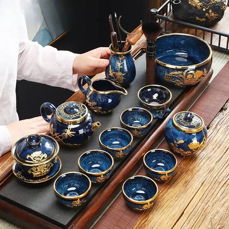 Lanfei Gold-Inlaid Jade Porcelain Tea Set - Collectible Oriental Art Teaware