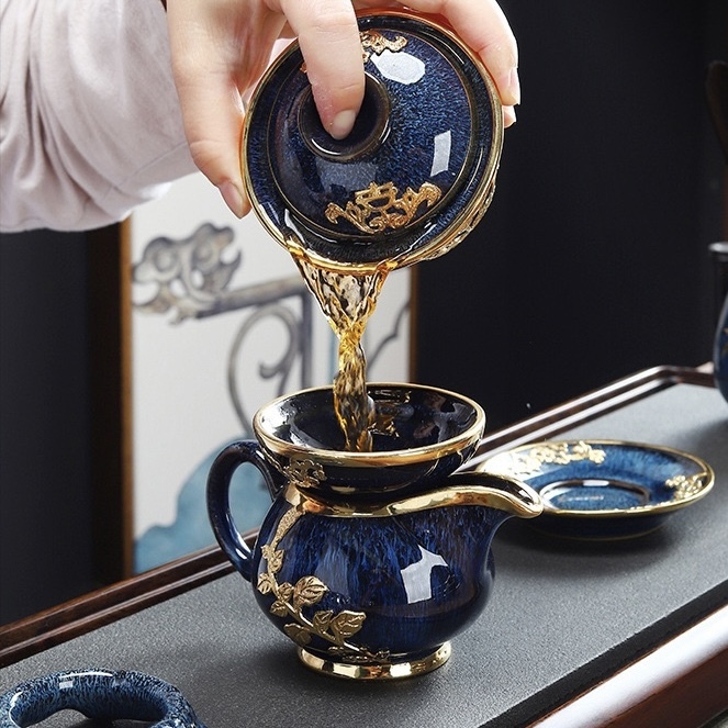 Lanfei Gold-Inlaid Jade Porcelain Tea Set - Collectible Oriental Art Teaware