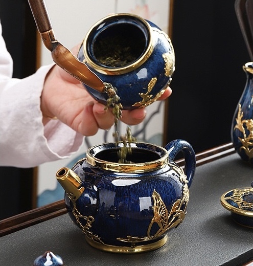 Lanfei Gold-Inlaid Jade Porcelain Tea Set - Collectible Oriental Art Teaware