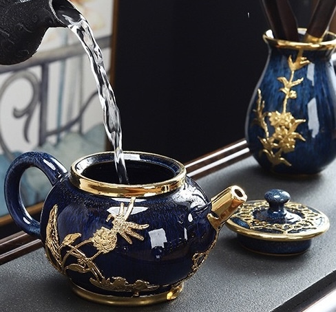 Lanfei Gold-Inlaid Jade Porcelain Tea Set - Collectible Oriental Art Teaware